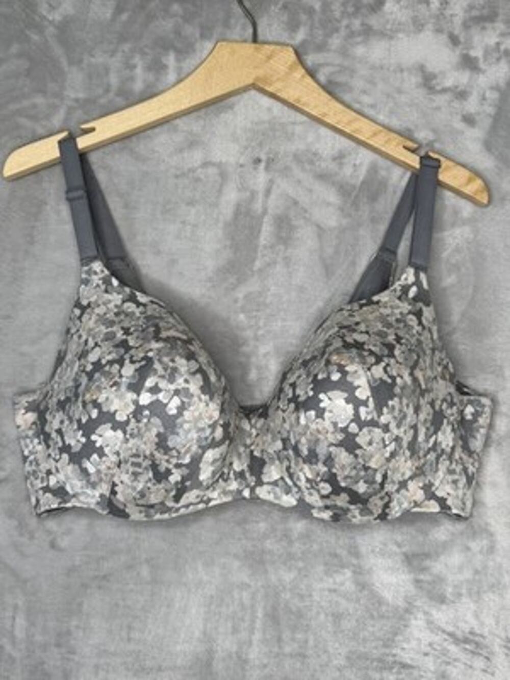 Cacique Bra Womens 38DDD Gray Floral Lightly Lined Balconette Molded Underwire